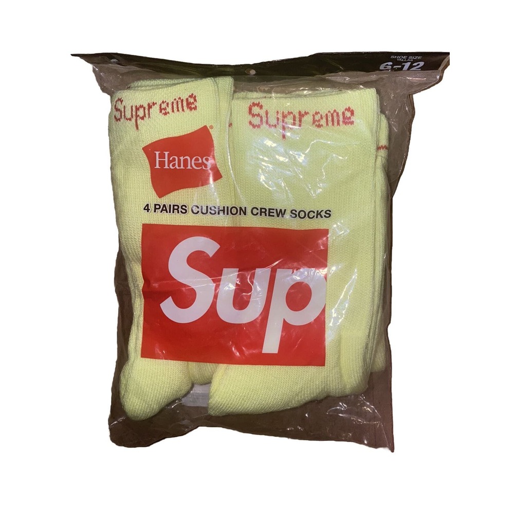 Supreme Hanes Crew Socks (4 Pack) Fluorescent Yellow Size 6-12 SS23 Brand New‎